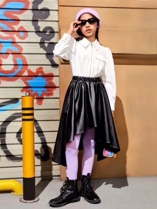 SHEIN Girls Asymmetrical Hem PU Leather Skirt - Image 4