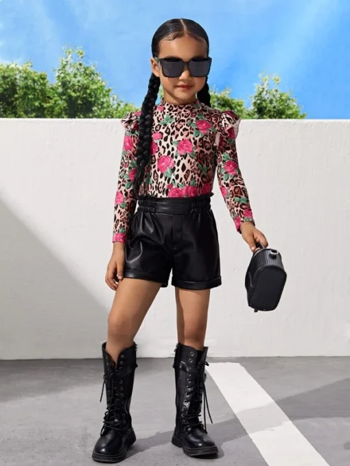 SHEIN Toddler Girls Leopard & Floral Print Ruffle Trim Tee - Image 3