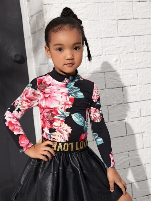 SHEIN Toddler Girls Mock Neck Floral Print Tee - Image 4