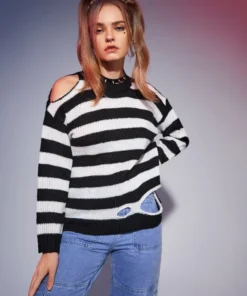 ROMWE Striped Cut Out Sweater