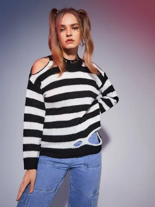 ROMWE Striped Cut Out Sweater