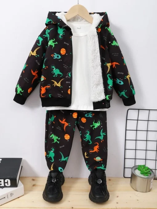 Shein Toddler Boys Dinosaur Print Teddy Lined Hooded Jacket & Sweatpants Without Tee