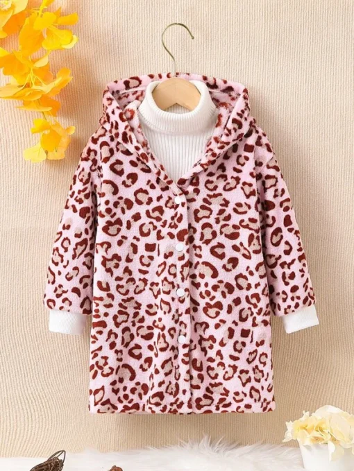Shein Toddler Girls Leopard Pattern Drop Shoulder Hooded Teddy Coat Without Sweater