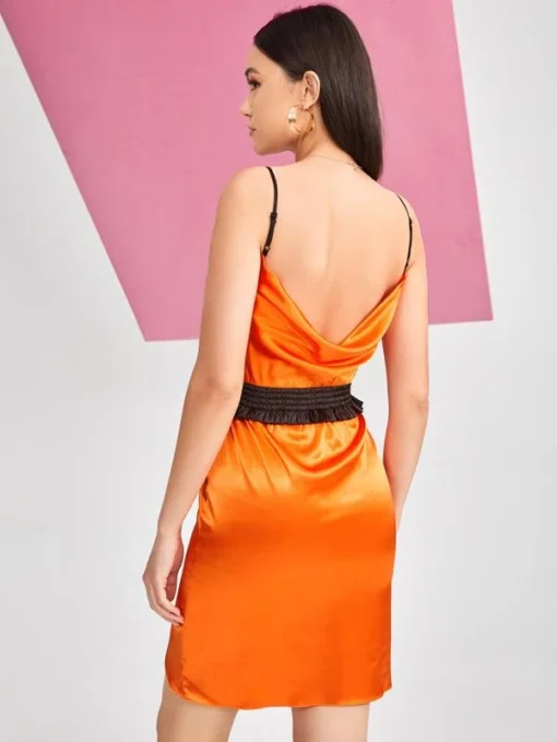 SHEIN X Barely Naked Designs Draped Collar Shirred Frilled Waist Asymmetrical Hem Satin Cami Dress - Image 2