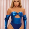 SHEIN SXY Twist Cutout Front Gigot Sleeve PU Leather Bodysuit