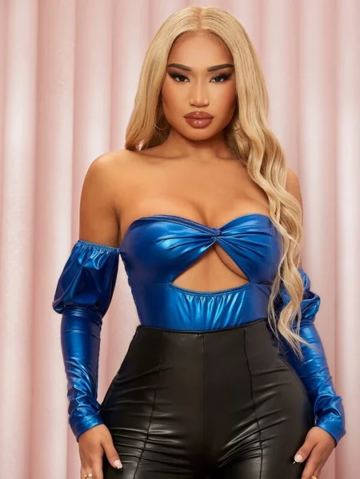 SHEIN SXY Twist Cutout Front Gigot Sleeve PU Leather Bodysuit - Image 3