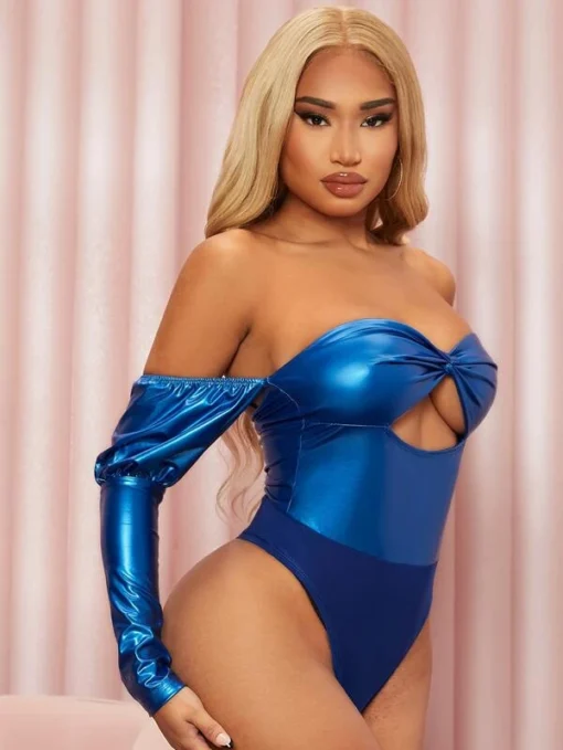 SHEIN SXY Twist Cutout Front Gigot Sleeve PU Leather Bodysuit - Image 4