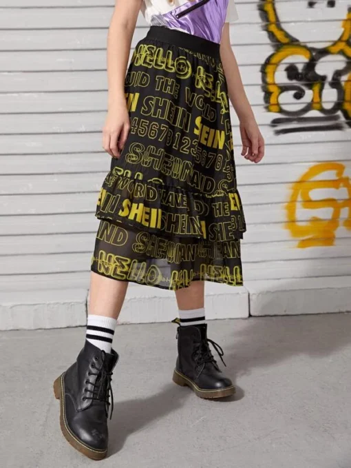 SHEIN Girls Letter Graphic Layered Skirt