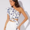 SHEIN VCAY Shell & Starfish Print Jacquard One Shoulder Tie Side Crop Blouse