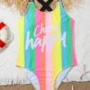 Shein Girls Rainbow Stripe Letter Graphic Cross Back One Piece Swimsuit