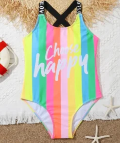 Shein Girls Rainbow Stripe Letter Graphic Cross Back One Piece Swimsuit