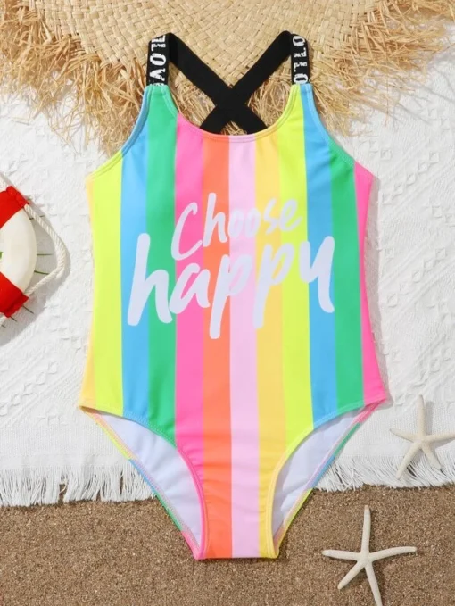 Shein Girls Rainbow Stripe Letter Graphic Cross Back One Piece Swimsuit