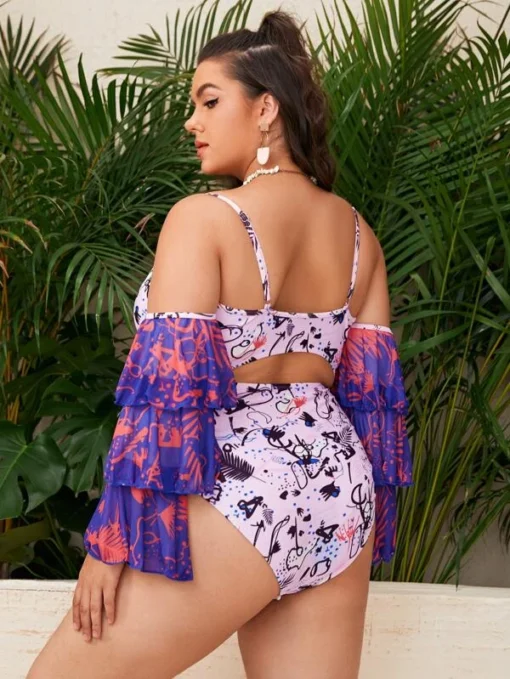 Shein Plus Allover Print Tiered Layer Sleeve One Piece Swimsuit - Image 2