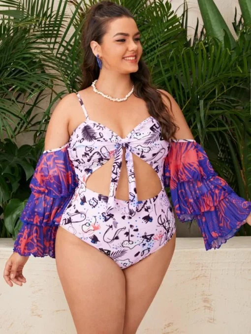 Shein Plus Allover Print Tiered Layer Sleeve One Piece Swimsuit - Image 3