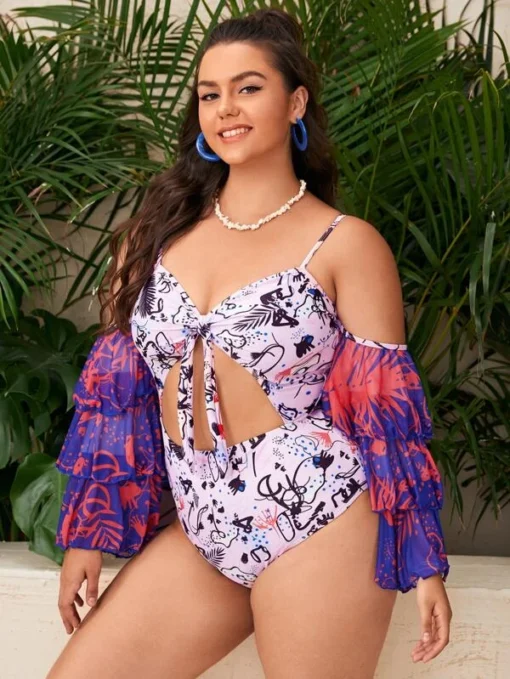 Shein Plus Allover Print Tiered Layer Sleeve One Piece Swimsuit - Image 4