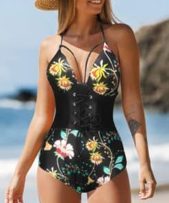 CHICME Floral Print Halter Corset Patch Cutout One Piece Swimsuit