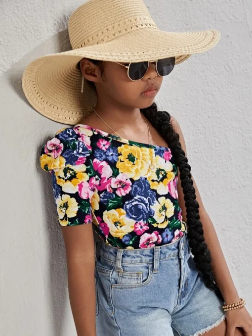 SHEIN Girls Floral Print One Shoulder Puff Sleeve Tee