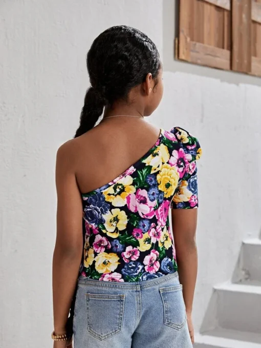 SHEIN Girls Floral Print One Shoulder Puff Sleeve Tee - Image 2