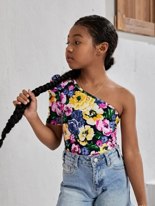 SHEIN Girls Floral Print One Shoulder Puff Sleeve Tee - Image 3