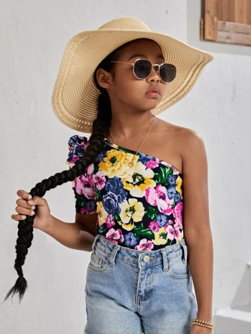 SHEIN Girls Floral Print One Shoulder Puff Sleeve Tee - Image 4