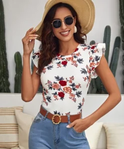 Shein EMERY ROSE Floral Print Butterfly Sleeve Tee