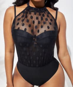 rosewe Mesh Stitching Polka Dot Black One Piece Swimwear