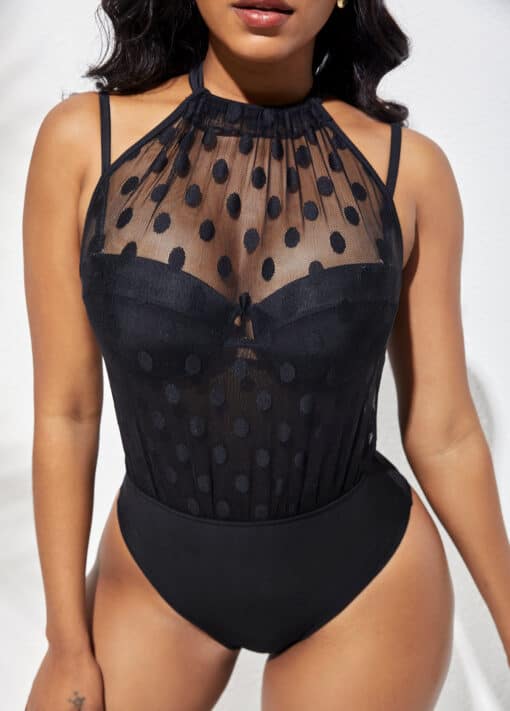 rosewe Mesh Stitching Polka Dot Black One Piece Swimwear