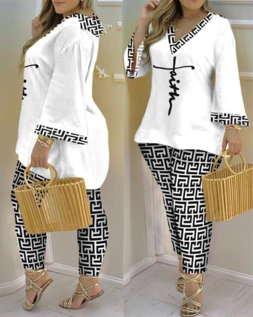 CHICME Plus Size Faith Geometric Print Bell Sleeve Top & Pants Set