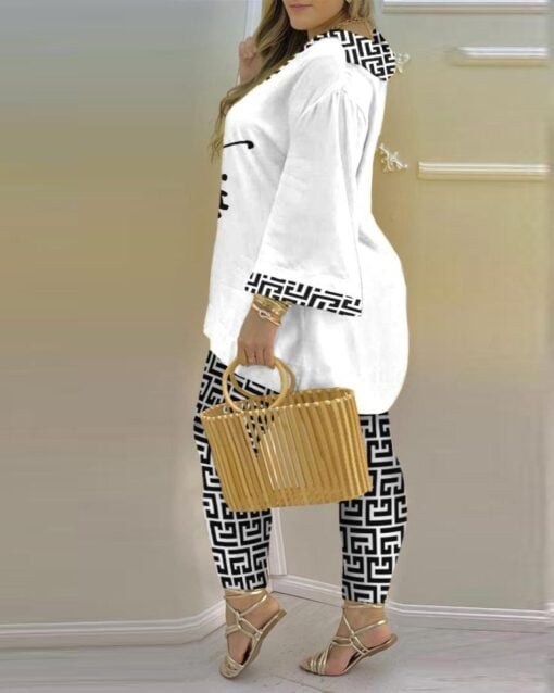 CHICME Plus Size Faith Geometric Print Bell Sleeve Top & Pants Set - Image 2