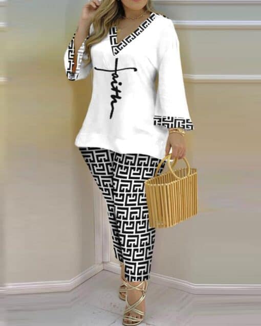 CHICME Plus Size Faith Geometric Print Bell Sleeve Top & Pants Set - Image 3
