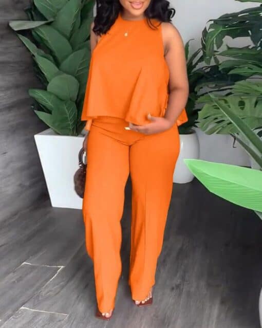 CHICME Plus Size Sleeveless Tank & Straight Leg Pants Set