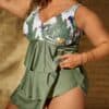 CHICME Plus Size Tropical Print Layered Ruffle Hem Tankini Set