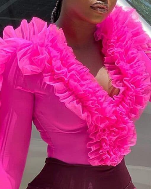 CHICME Ruffle Hem Plunge Long Sleeve Bodysuit - Image 2