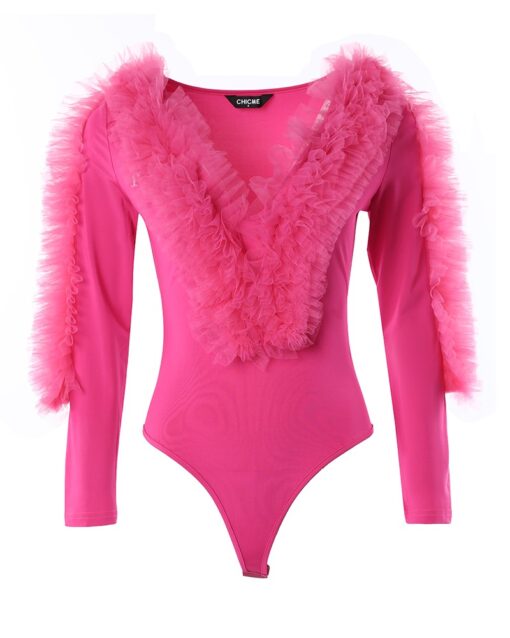 CHICME Ruffle Hem Plunge Long Sleeve Bodysuit - Image 3