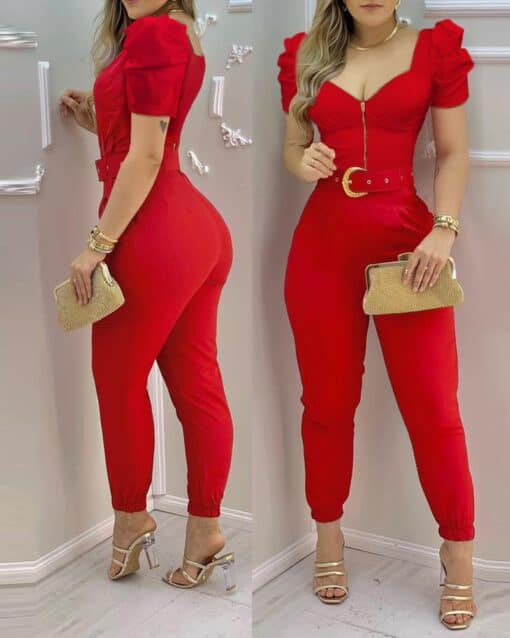 CHICME Zip Front Puff Sleeve Jumpsuit With Belt
