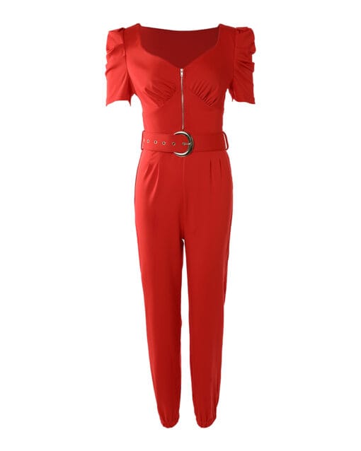 CHICME Zip Front Puff Sleeve Jumpsuit With Belt - Image 2