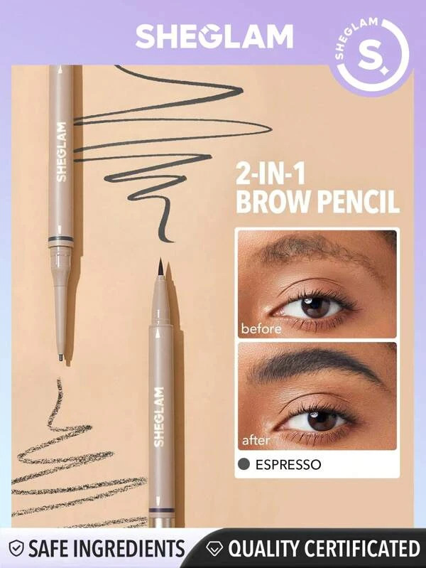 SHEGLAM Brows On Demand 2-In-1 Brow Pencil - Espresso Waterproof Liquid Eyebrow Pen Sweatproof Anti-Oil Natural Brow Filling Outlining Eyebrow Cream Gel Makeup