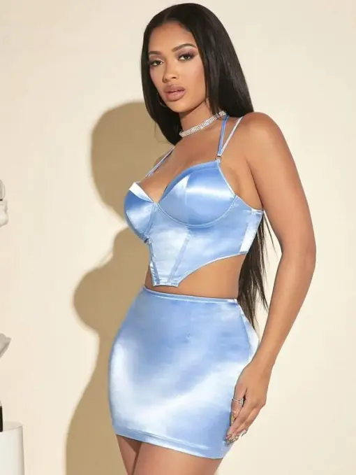 SHEIN Solid Tie Back Satin Cami Top & Bodycon Skirt - Image 4