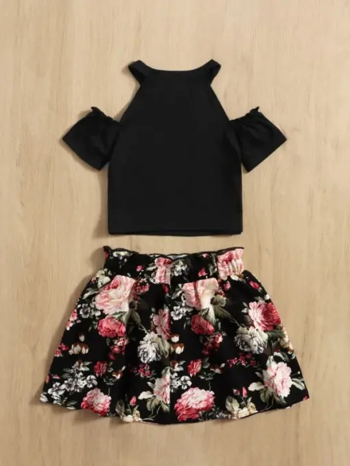 SHEIN Toddler Girls Cold Shoulder Top & Floral Print Paper Bag Waist Skirt - Image 2