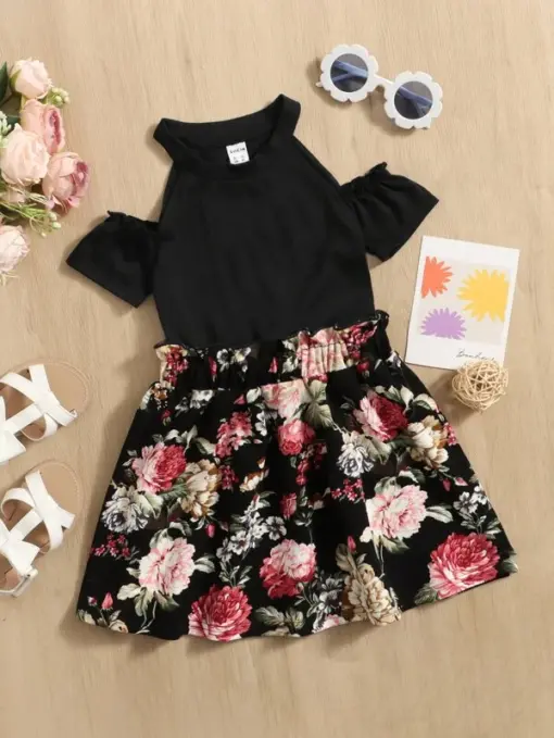 SHEIN Toddler Girls Cold Shoulder Top & Floral Print Paper Bag Waist Skirt - Image 3