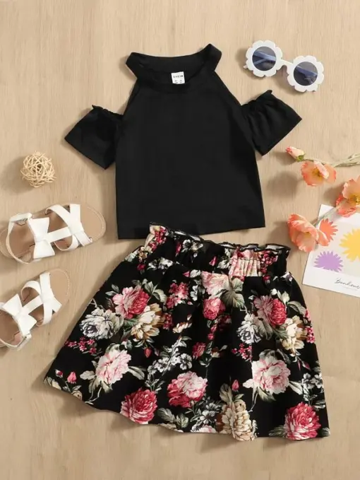 SHEIN Toddler Girls Cold Shoulder Top & Floral Print Paper Bag Waist Skirt