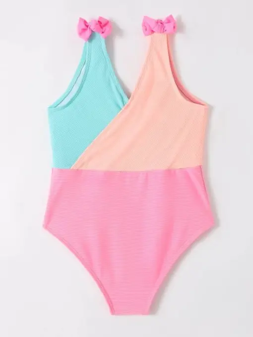 SHEIN Toddler Girls Color Block Bow Shoulder One Piece Swimsuit - Image 2