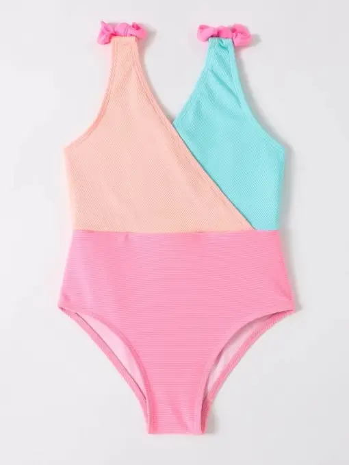 SHEIN Toddler Girls Color Block Bow Shoulder One Piece Swimsuit - Image 3