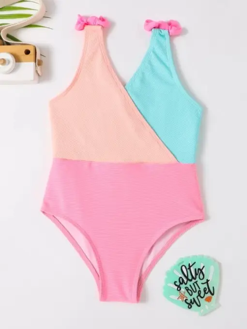 SHEIN Toddler Girls Color Block Bow Shoulder One Piece Swimsuit