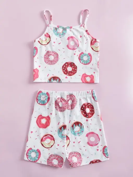 SHEIN Toddler Girls Donut Print Cami Top & Shorts - Image 2