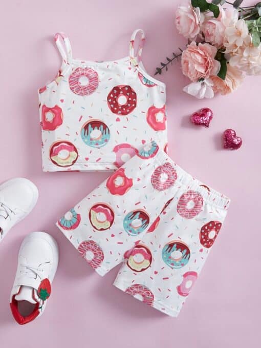 SHEIN Toddler Girls Donut Print Cami Top & Shorts