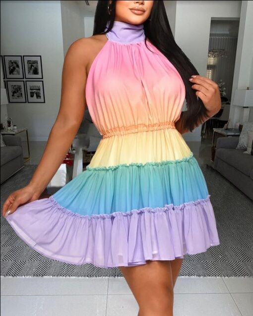 chicme Ombre Halter Backless Ruffles Mini Dress
