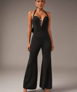 SHEIN BAE Cut Out Front Flare Leg Halter Jumpsuit