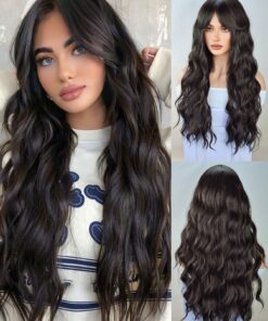 SHEIN Long black brown Wavy Wigs for Women Brown Curly Wigs With Air Bangs Water Wave Wig Synthetic Heat Resistant Fiber Wig for Daily Party Use