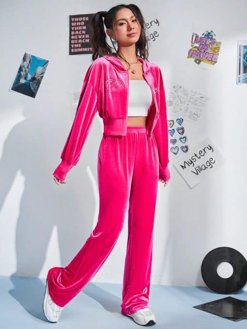 SHEIN Qutie Rhinestone Letter Pattern Drop Shoulder Hoodie & Pants - Image 3